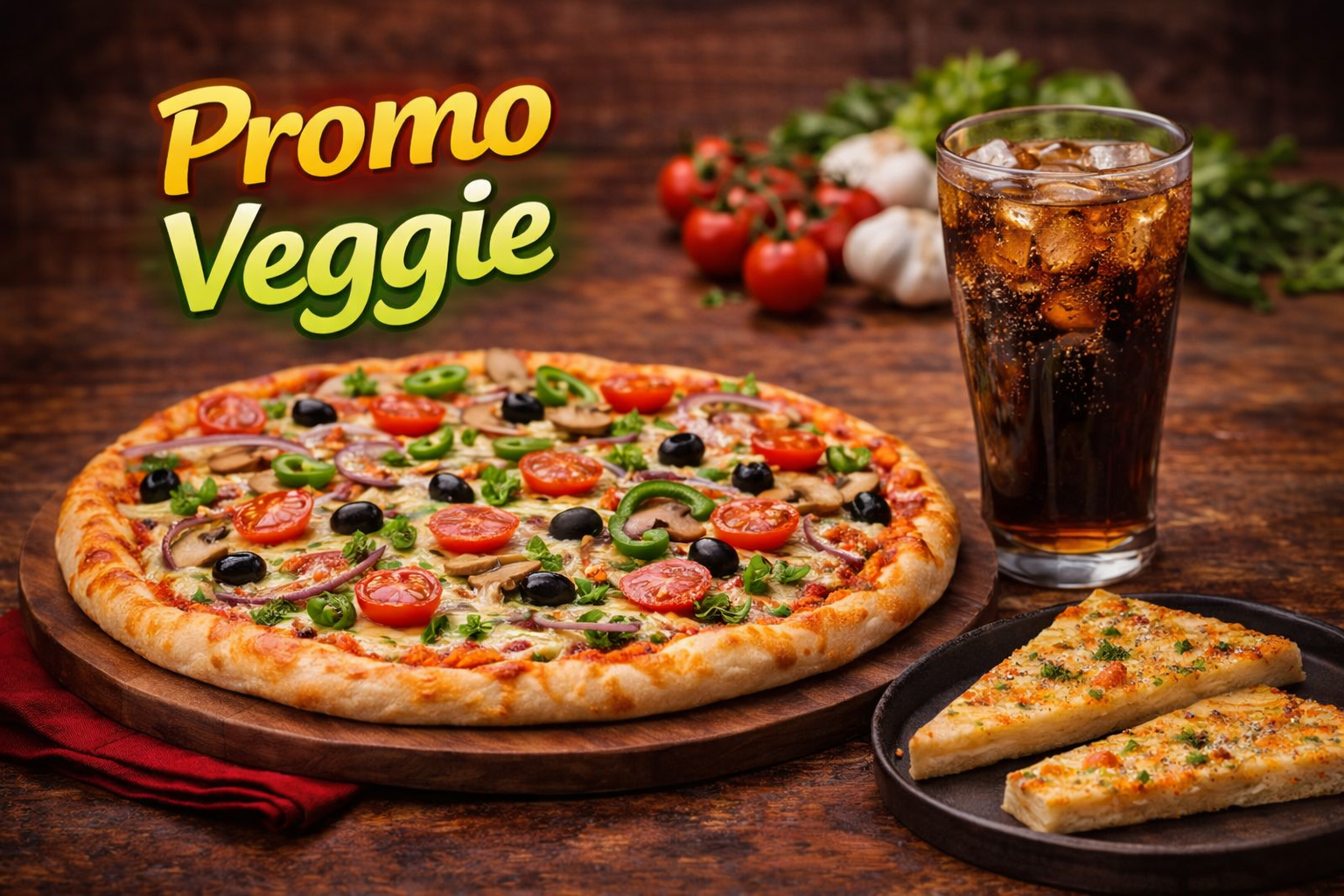 Promo veggie con pizza vegetariana y bebida